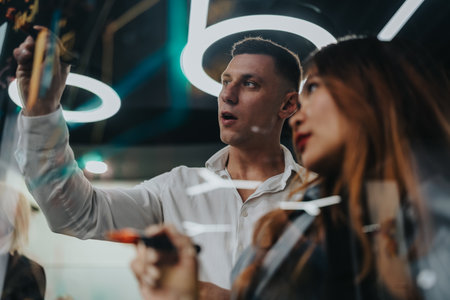 Man and woman observe a storefront display with neon lights and reflections at night