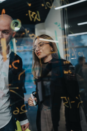 Business professionals discuss ideas and plan in a glass-walled boardroom during a collaborative...