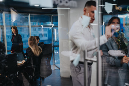 Group of professionals collaborating in a modern glass-walled office conference room during a busy dayの写真素材