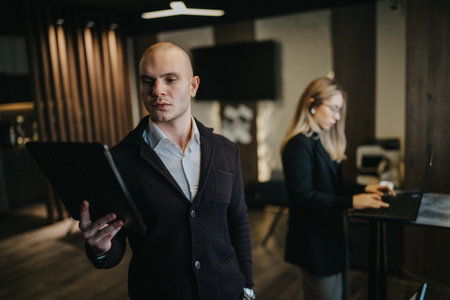 Professional man with tablet in a modern office while a woman works on a laptop