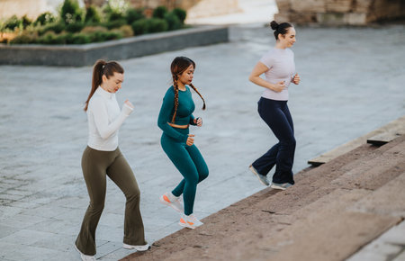 Three women jogging along waterfront steps in athletic wear during outdoor fitness routine