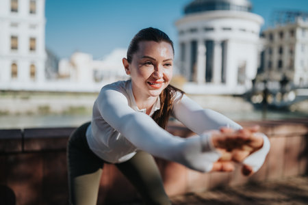 Woman doing yoga stretch outdoors near classical city buildings in a sunny urban setting