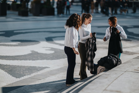 Three women gather on a city plaza, chatting and adjusting jackets in a casual outdoor sceneの写真素材