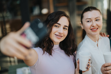 Two friends take a selfie together with coffee cups in an urban settingの写真素材