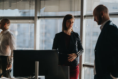 Business discussion in a modern office with professionals by a computer monitor