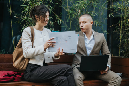 Young business colleagues discuss documents on a bench with a laptop outdoorsの写真素材