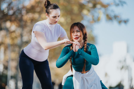 Two women outdoors, one guiding and supporting the other during a fitness stretch sessionの写真素材