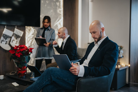 Business professionals in a modern office reviewing documents on laptops during a holiday season...