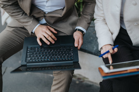 Young business colleagues collaborate outdoors, using a laptop and tablet for a professional project