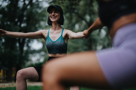 Outdoor fitness class: smiling woman balances arms wide during a partner workout in the park