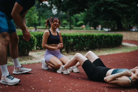 Athletic group on track laughing during a partner sit-up fitness training session in the park