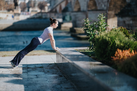 Woman performs push-up on a stone ledge beside a river in a park during outdoor workout