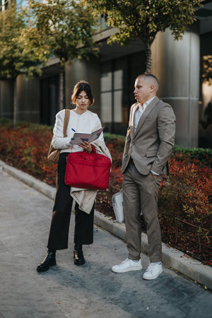 Young business colleagues discuss plans outside a modern office building with notebooks and bagsの写真素材