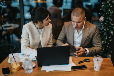 Young business colleagues discuss project details at a table with laptop and Christmas tree in the backgroundの写真素材