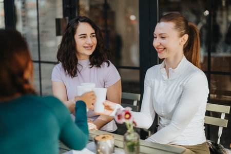 Three friends share coffee and smiles at an urban outdoor cafe, enjoying a casual chatの写真素材