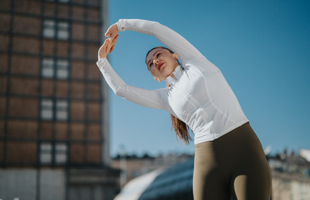 Athletic woman stretches outdoors in city setting, fitness pose against blue sky