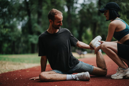 Outdoor fitness partners on track helping stretch and balance during a workout session