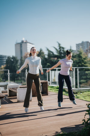 Two women exercise outdoors on a wooden deck, jumping and training in the sunny cityの写真素材