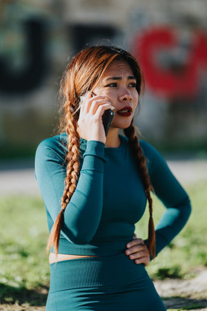 Woman on the phone outdoors in teal outfit with braided hair, looking thoughtful and engagedの写真素材