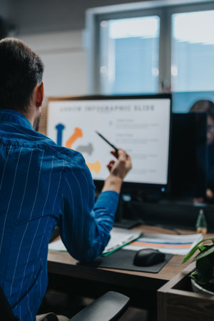 Businessman presenting data on a monitor during a focused office meeting with colleagues at his desk