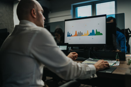 Professional man at a desk with a colorful business info graphic on the monitor in an office