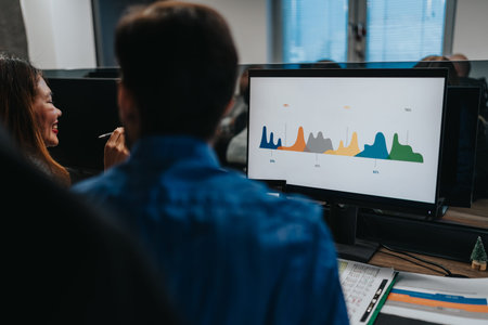 Team at a modern office reviews a colorful business info graphic on a monitor during a meeting
