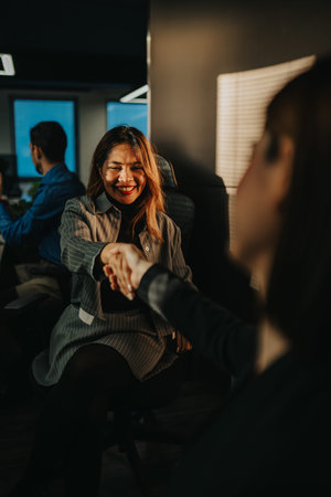 Friendly handshake between colleagues in a modern office, celebrating collaboration and professional...
