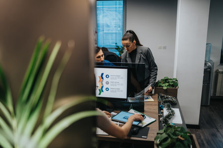 Business team collaborates at a modern office desk with monitors and holiday decor