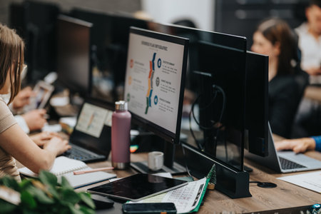 Business workers collaborate at shared desks with multiple monitors and laptops in a modern office