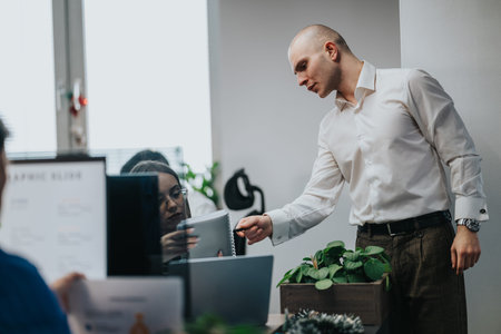 Business man in white shirt hands a pen to a colleague at a desk in a modern office