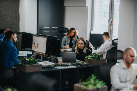 Busy office scene with business employees working at desks and laptops in a modern workspace