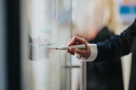 Business professional writes on glass whiteboard during planning session in office with colleagues