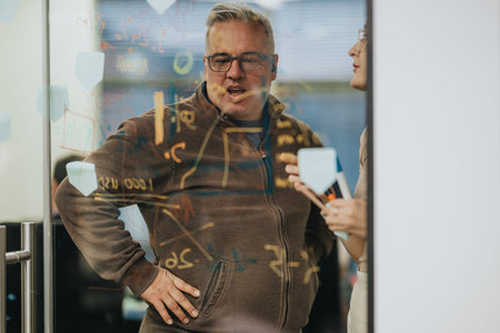 Business team collaborates on ideas during a brainstorming session in a glass-walled office
