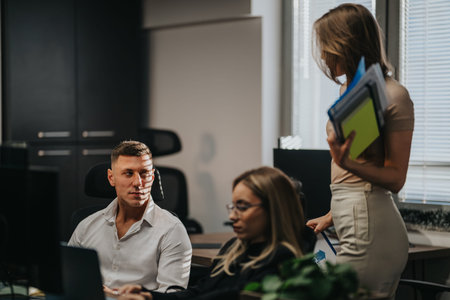 Office workers collaborate at a desk as standing colleague holds folders in a modern workspace