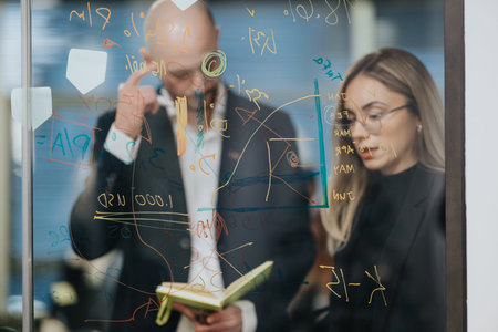 Business team brainstorming on glass board with notes and charts during a strategy meeting