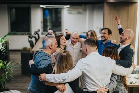 Group of diverse colleagues celebrate in the office circle, showing teamwork, camaraderie, and unity