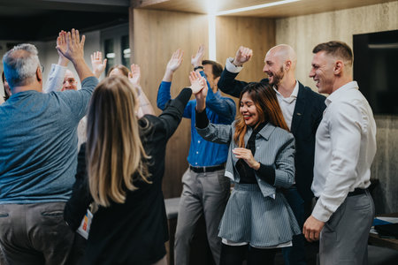 Group of colleagues celebrate with high fives in a modern office setting, a lively team moment