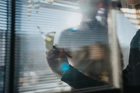 Hand holding a sticky note against glass in an office with blinds and reflections