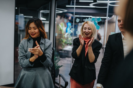 Colleagues cheer and clap in a modern office, showcasing teamwork, professionalism, and positive energyの写真素材