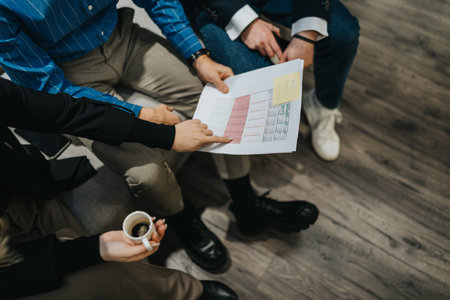 Group of professionals reviewing a chart document during a casual business meeting