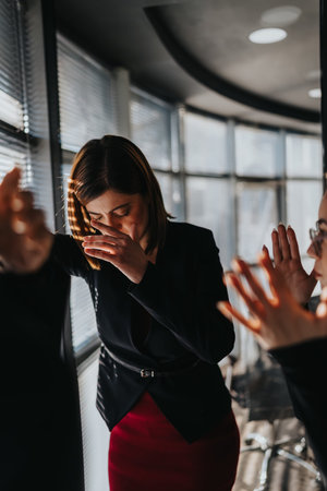 Businesswoman in a black blazer and red skirt reacts with stress during a moment in a meeting