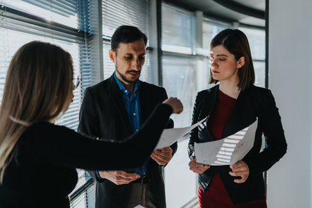 Three professionals review documents during a team discussion in a bright office