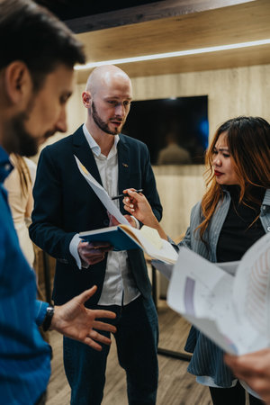 Business professionals review documents in a modern office during a collaborative meeting