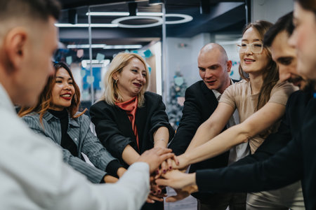 Diverse team of professionals in an office circle joining hands for teamwork and collaboration today
