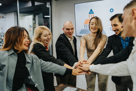 Diverse group of professionals join hands in a modern office, signaling teamwork and collaboration.の写真素材