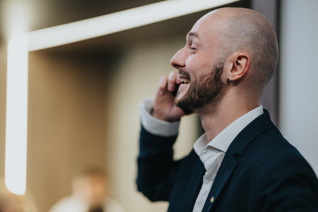 Businessman on phone in an office, smiling, professional portraitの写真素材