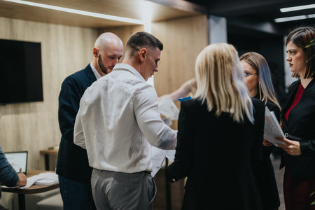 Professional team discusses documents in a modern office during a business meeting