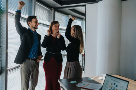 Three colleagues celebrate a success in a bright office, raising arms and sharing smiles during a...