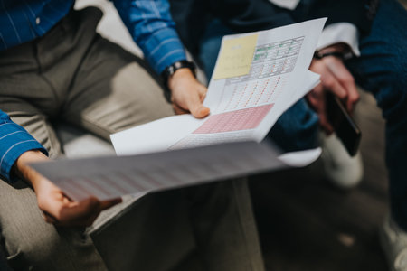 Professionals review charts and documents during an indoor business meeting and discussion