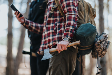 Hiker with axe and backpack in the woods, ready for camping and outdoor adventure